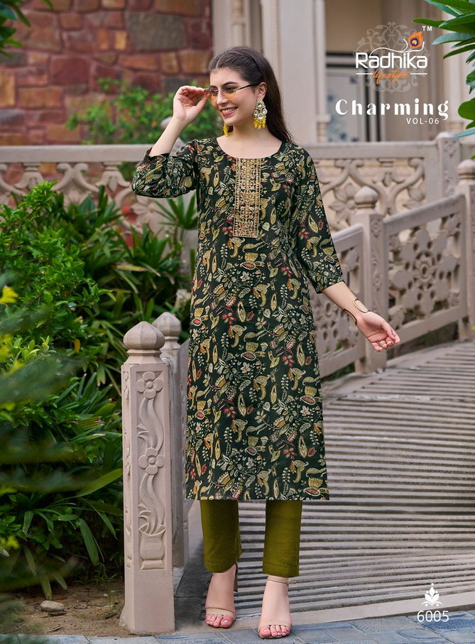 Charming Vol 6 By Radhika Modal Chanderi Work Designer Kurtis Wholesale Price In Surat
